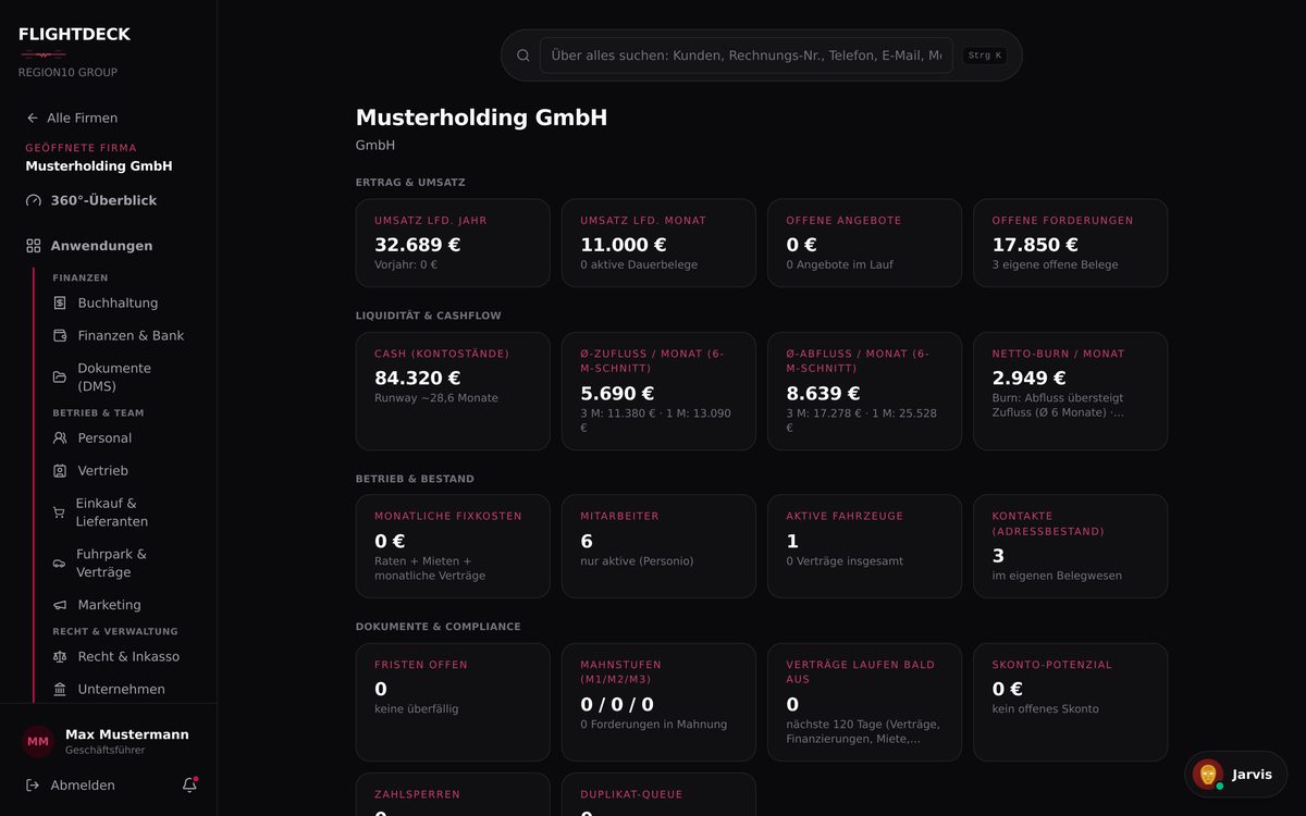 FLIGHTDECK ERP: Modulübersicht einer Firma mit allen Anwendungen von Buchhaltung über Personal und Fuhrpark bis Recht (fiktive Demo-Daten)