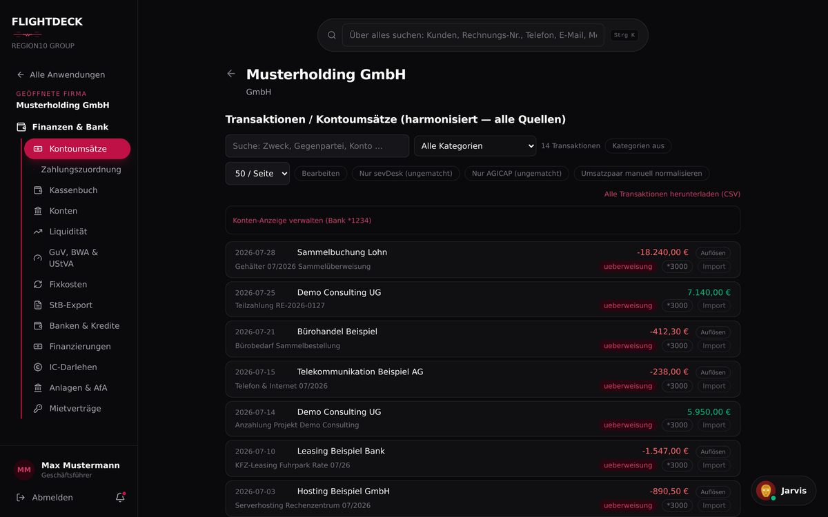 FLIGHTDECK ERP: Banktransaktionen mit Kategorien, Gegenparteien und Verwendungszwecken (fiktive Demo-Daten)