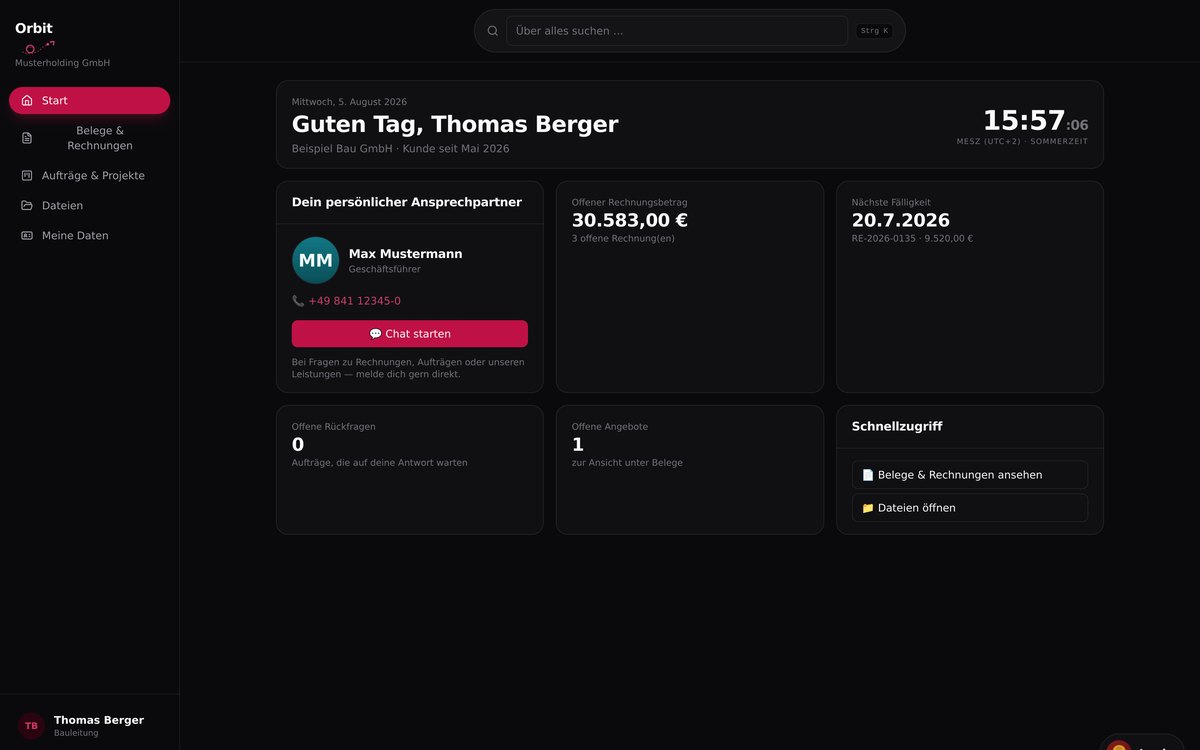 FLIGHTDECK ERP Kundenportal Orbit: persönliches Dashboard mit offenen Rechnungen, Angeboten und Ansprechpartner (fiktive Demo-Daten)