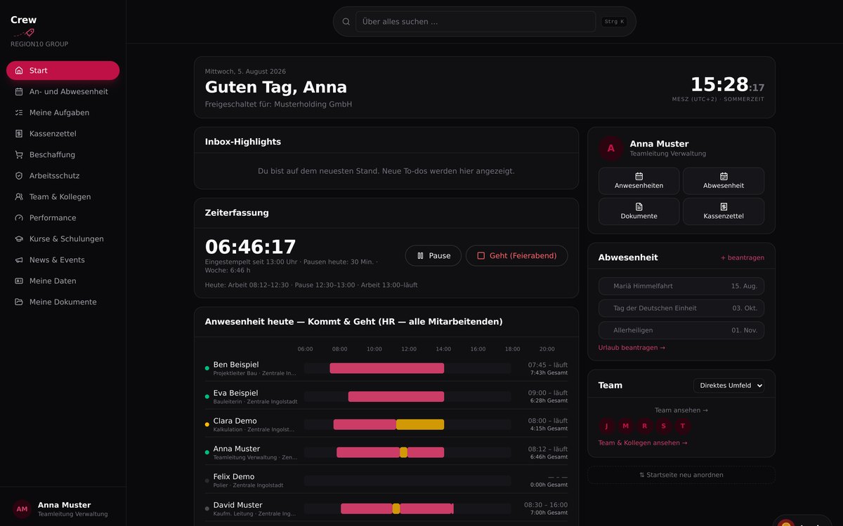 FLIGHTDECK ERP Mitarbeiterportal Crew: eigene Zeiterfassung mit Stempeluhr und Pause sowie Anwesenheits-Board „Kommt & Geht" der Kolleg:innen (fiktive Demo-Daten)