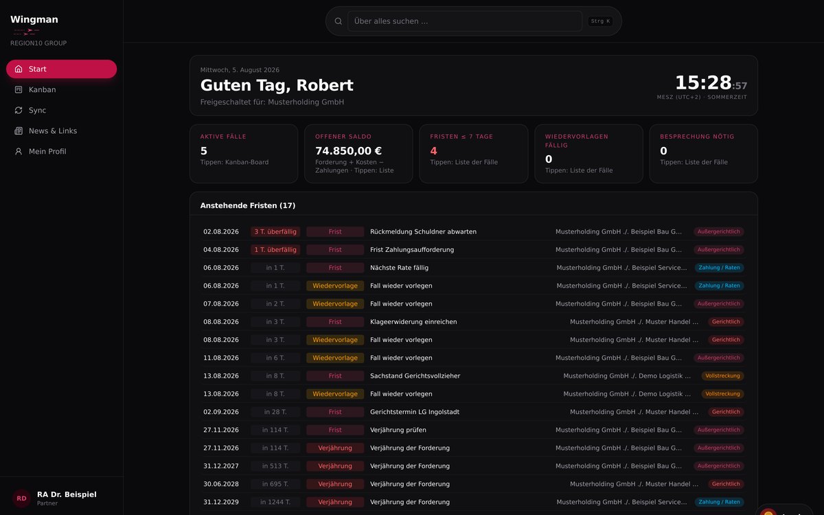FLIGHTDECK ERP Partnerportal Wingman: Kennzahlen mit aktiven Fällen und offenem Saldo sowie eine Fristenliste mit überfälligen Terminen, Wiedervorlagen und Verjährungen (fiktive Demo-Daten)